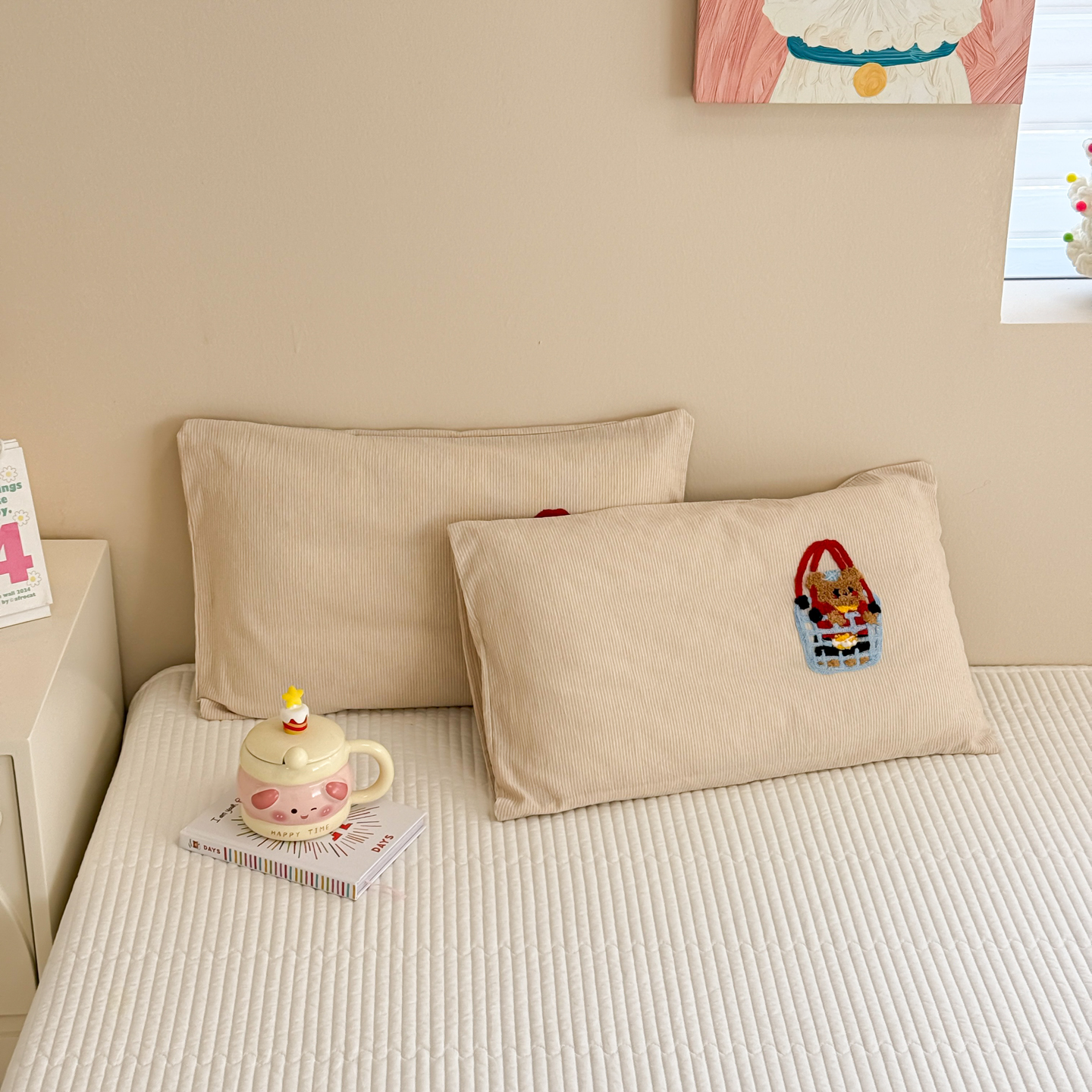 2026新款色织水洗棉毛巾绣枕套 熊呆呆