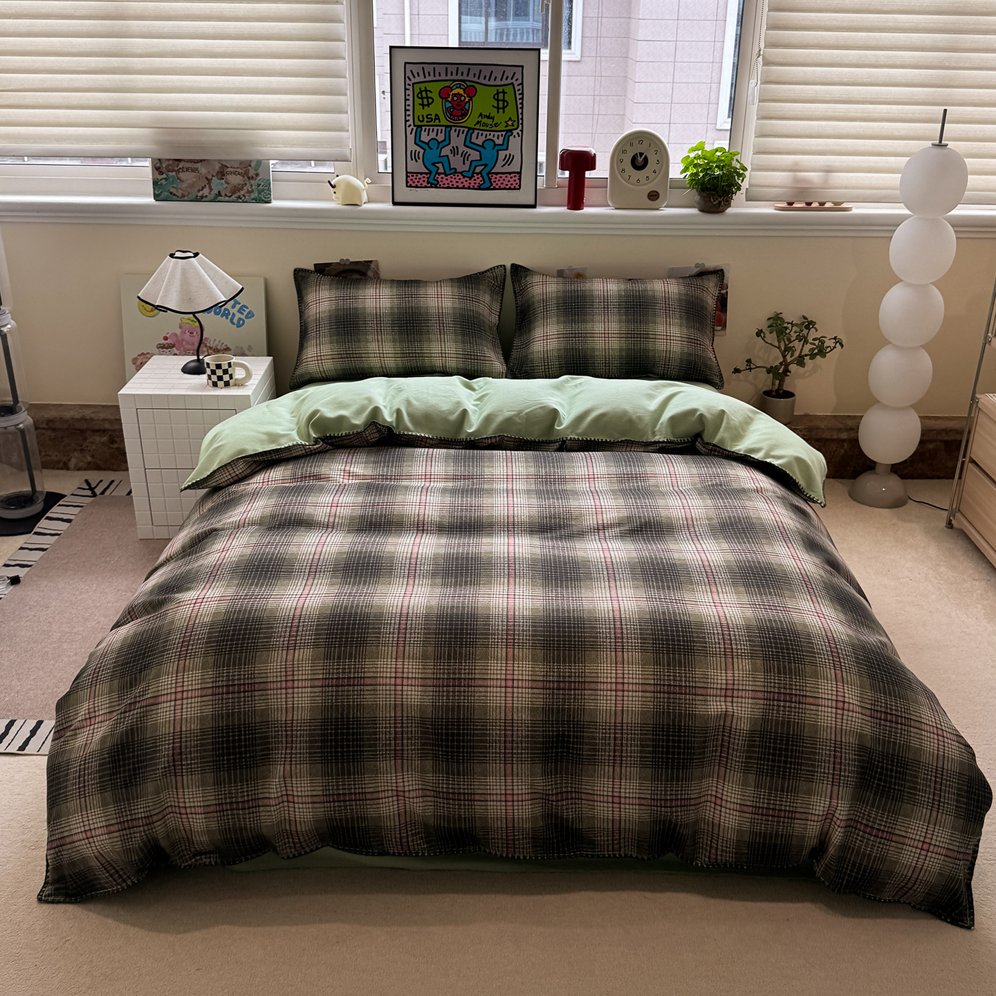 2025新款磨毛三角针套件四件套 磨毛三角针-英式绿棕格