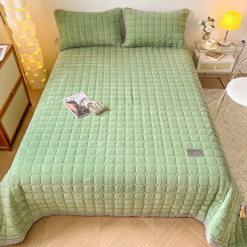 2023新款牛奶绒夹棉宽边工艺系列床盖三件套-吉米 150cm*230cm（三件套） 床盖吉米-草绿