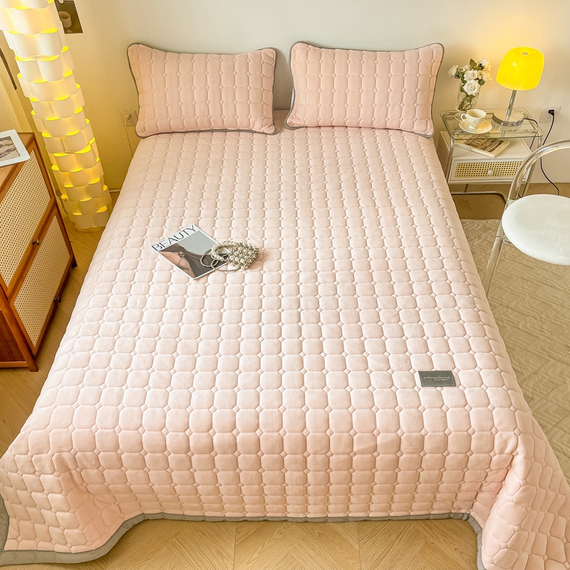 2023新款牛奶绒夹棉宽边工艺系列床盖三件套-吉米 150cm*230cm（三件套） 床盖吉米-嫩粉