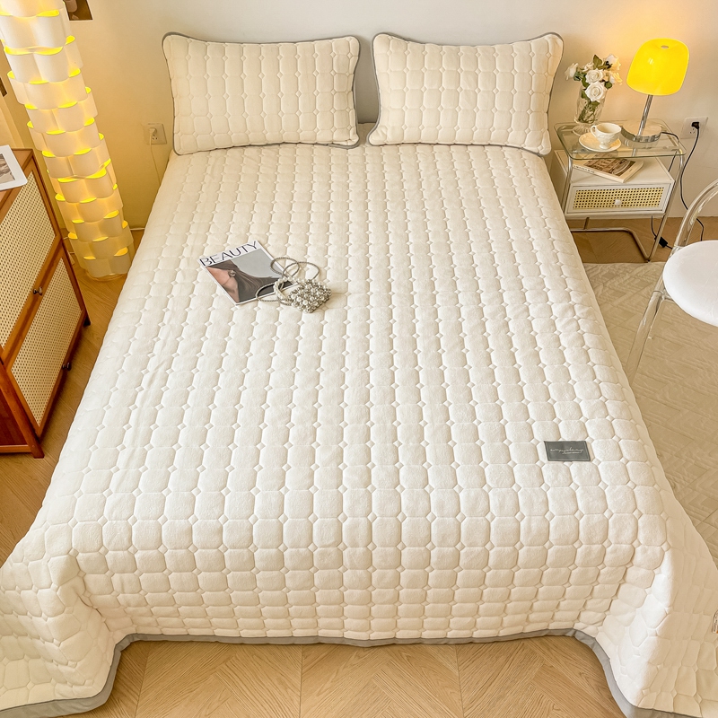 2023新款牛奶绒夹棉宽边工艺系列床盖三件套-吉米 150cm*230cm（三件套） 床盖吉米-象牙白