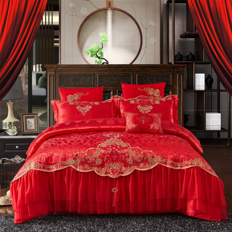 2018新款-大红婚庆系列7.8多件套 标准床单款（1.5m-1.8m床） 玫瑰园红色方垫/对