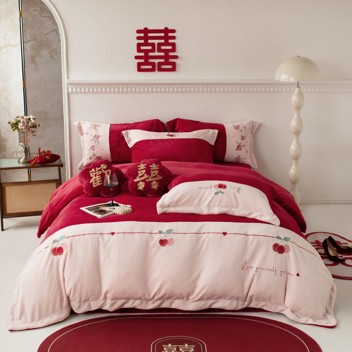 2025新款高克重牛奶绒婚庆刺绣结婚四件套多件套小红书推荐热款 樱桃之恋