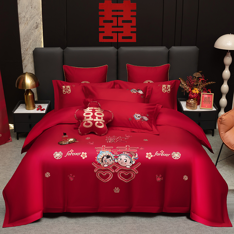 2026新品全棉纯棉绣花结婚婚庆四件套多件套床单床盖款 青梅竹马