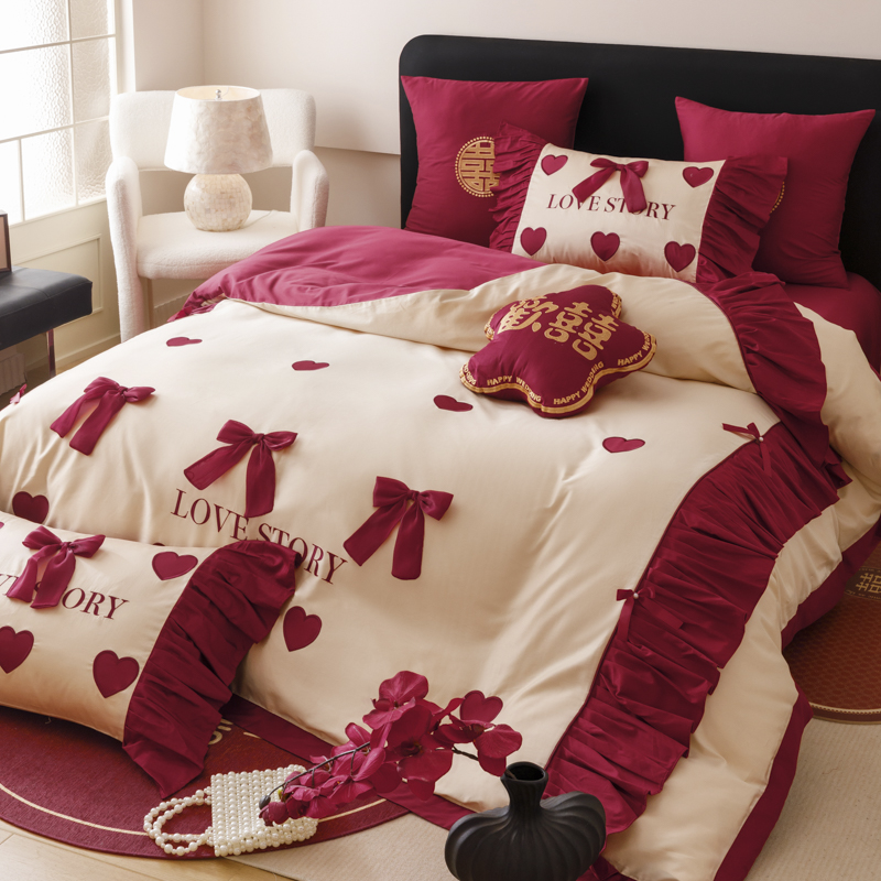 2025新款50支长绒棉全棉婚庆床单床盖四件套多件套刺绣工艺 温莎公主