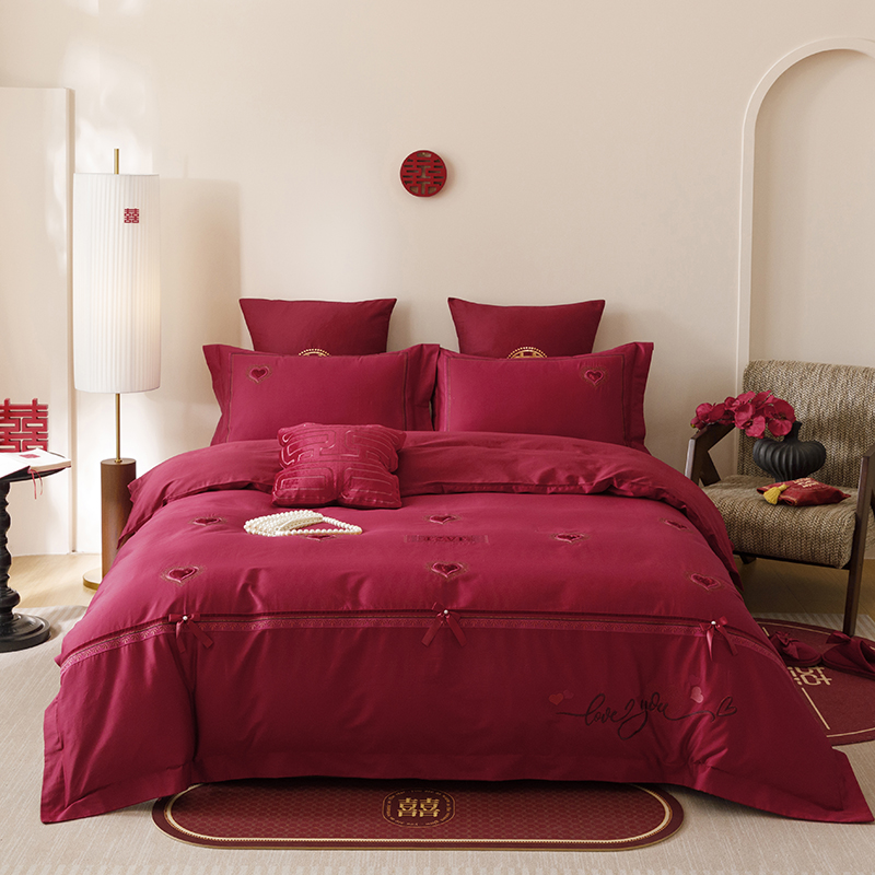 2025新款50支长绒棉全棉婚庆床单床盖四件套多件套刺绣工艺 怦然心动红
