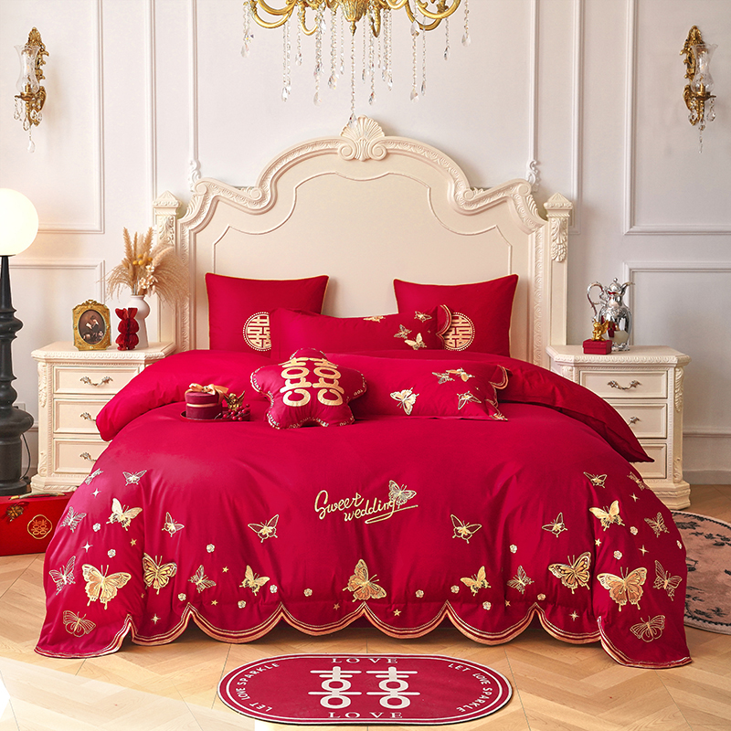 2026新品全棉纯棉绣花结婚婚庆四件套多件套床单床盖款 翩翩起舞