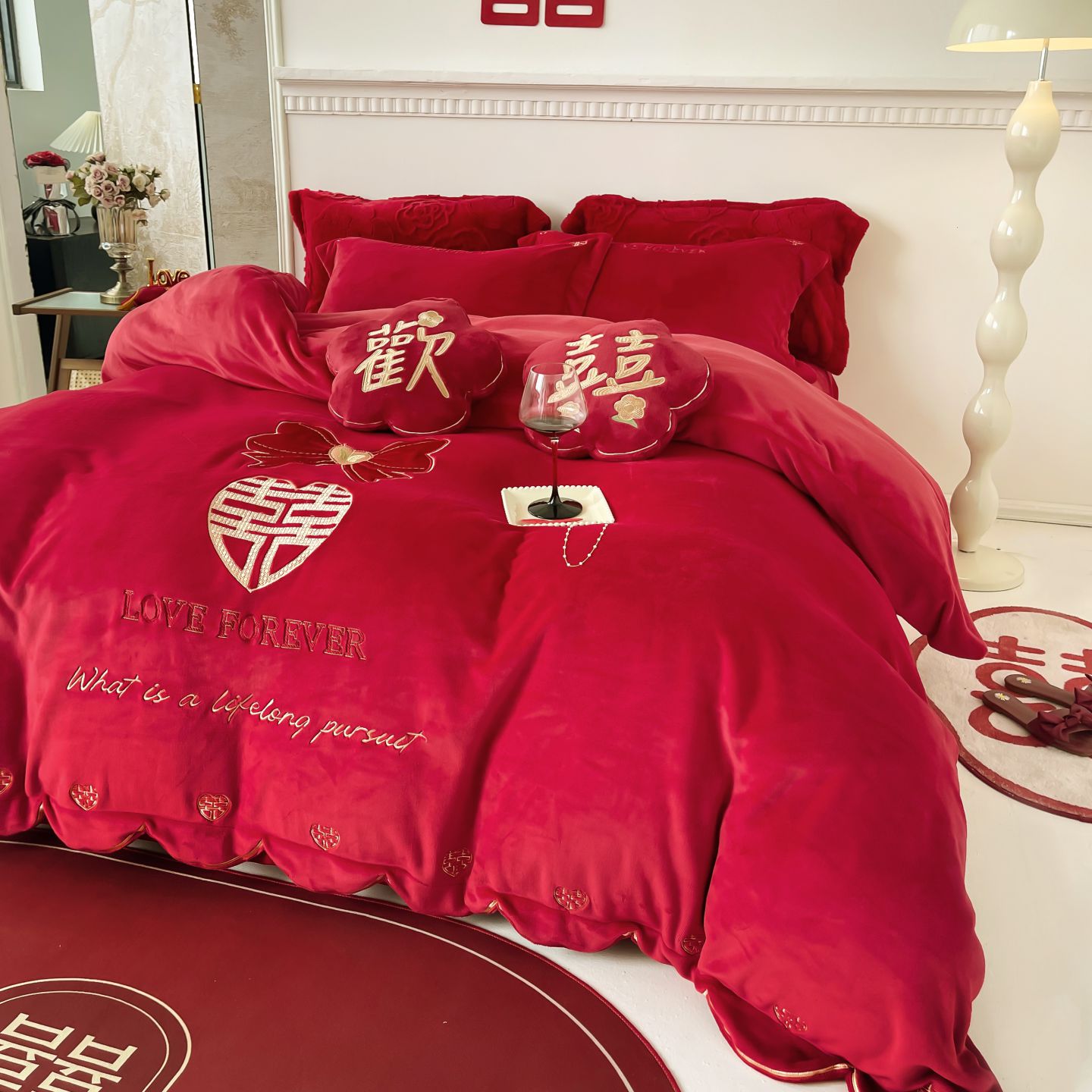 2025新款高克重牛奶绒婚庆刺绣结婚四件套多件套小红书推荐热款 真爱一生