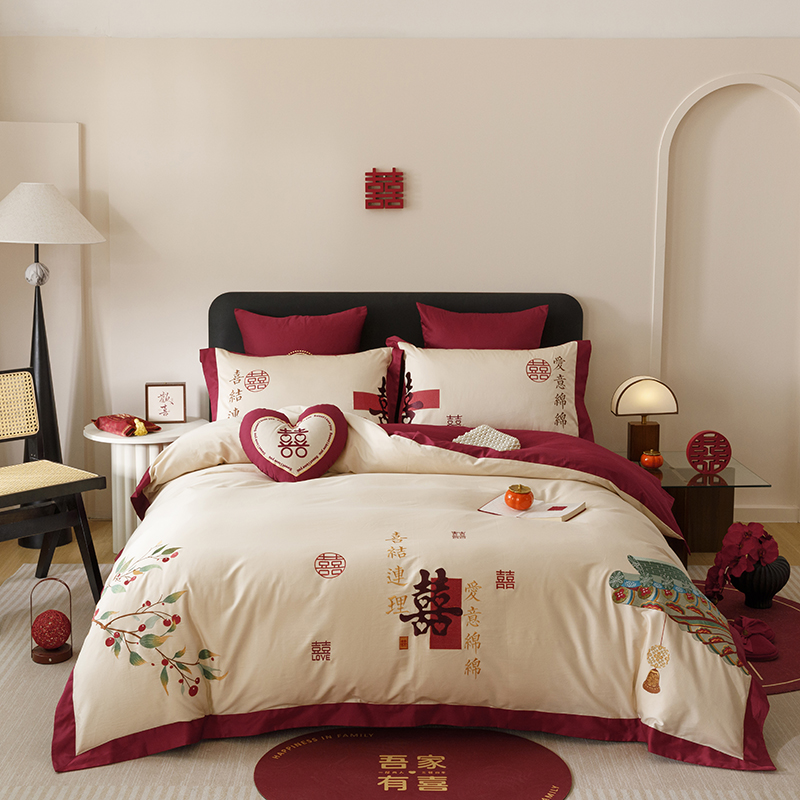 2025新款50支长绒棉全棉婚庆床单床盖四件套多件套刺绣工艺 醉红妆