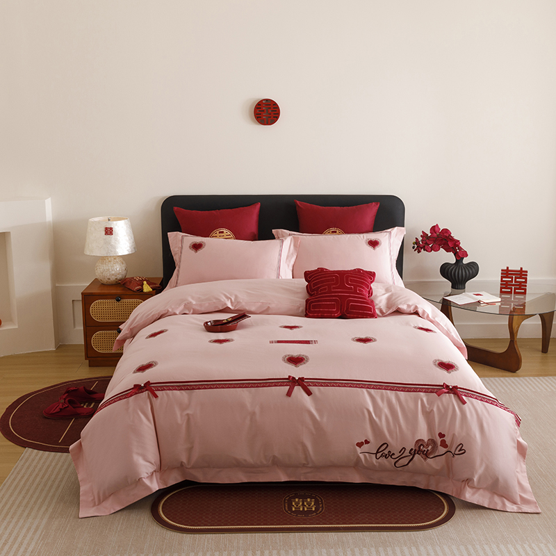 2025新款50支长绒棉全棉婚庆床单床盖四件套多件套刺绣工艺 怦然心动玉