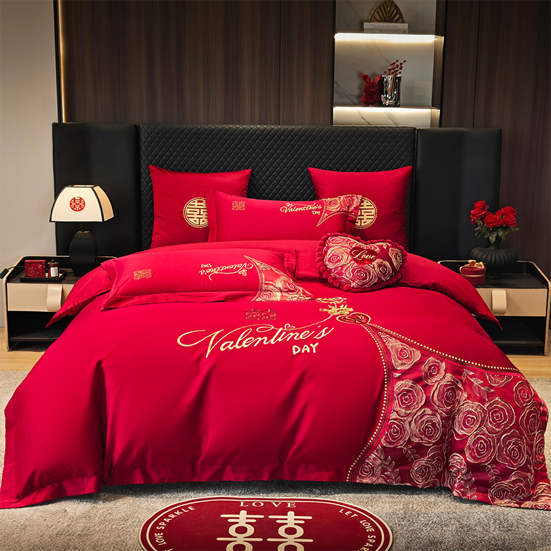 2025新款50支长绒棉全棉婚庆床单床盖四件套多件套刺绣工艺 甜心玫瑰
