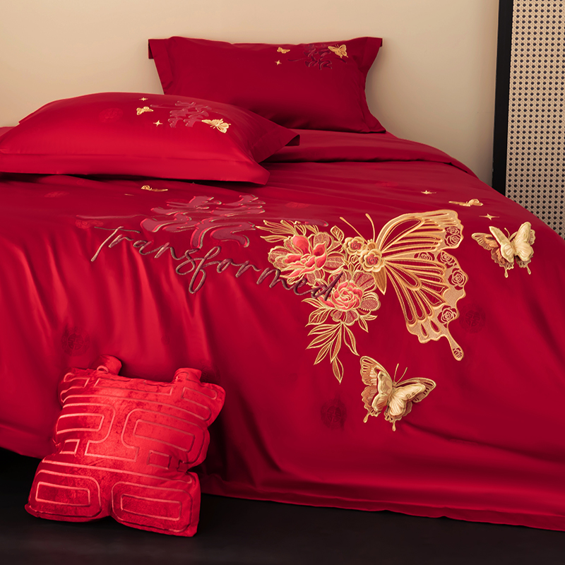 2026 新品婚庆50双股100支提花长绒棉全棉床单床盖款结婚四件套多件套   结婚需备品 挚爱之约