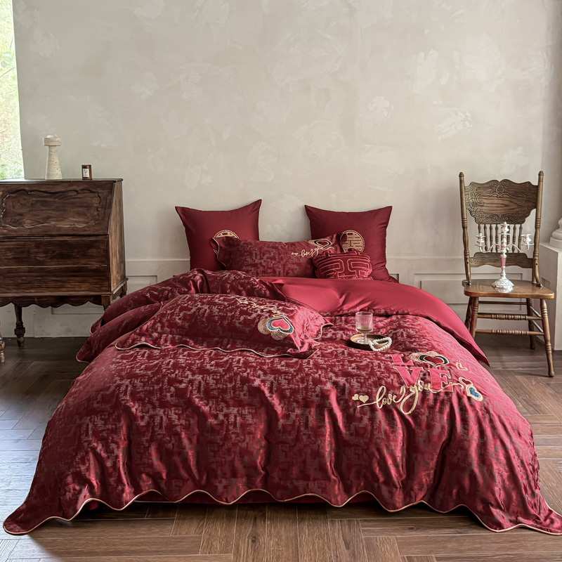 2026新款大提花婚庆结婚四件套多件套床单床笠款 红妆