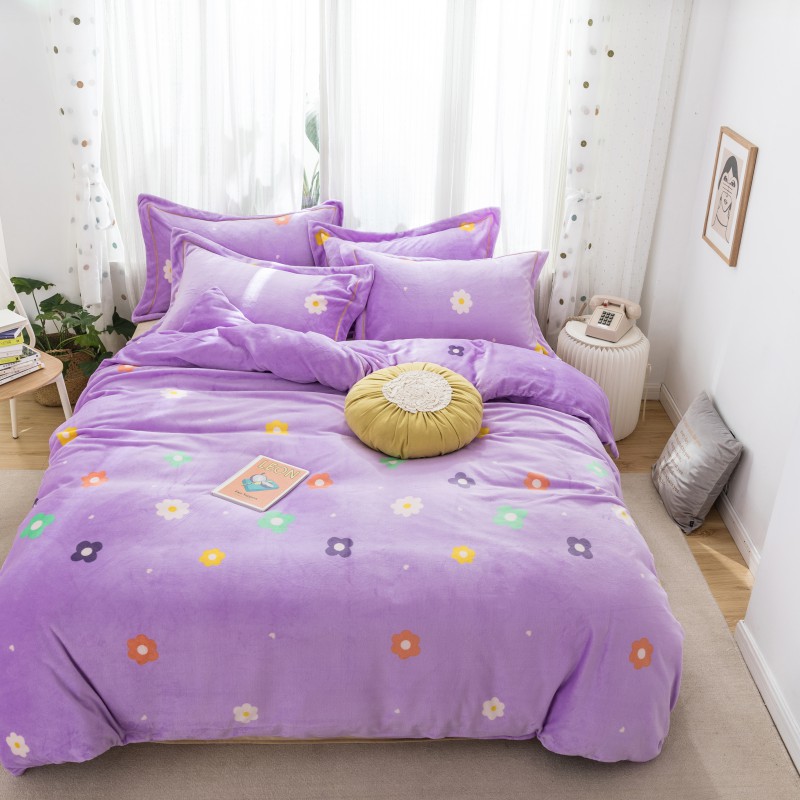 2019新款-牛奶绒印花保暖四件套 床单款四件套1.5m（5英尺）床 小花花 紫