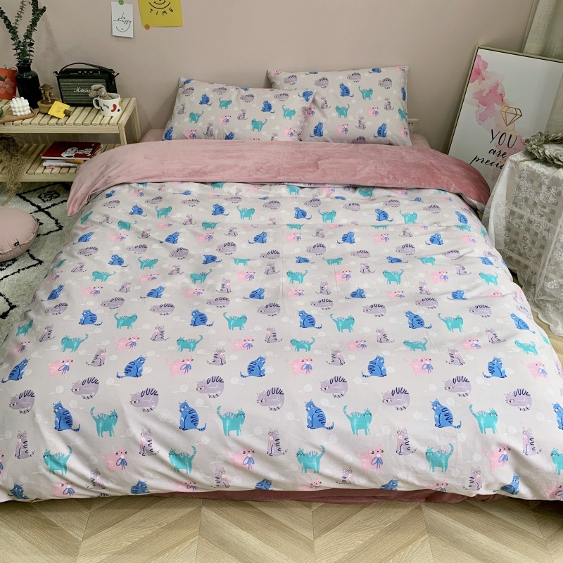 2019新款-棉加绒四件套系列 床单款四件套1.5m（5英尺）床 棉绒-猫咪酱