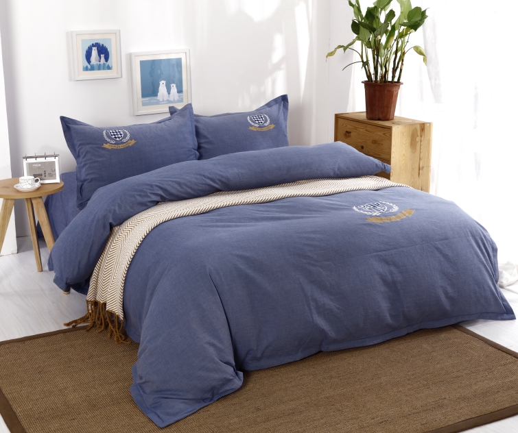 水洗棉绣花四件套（床单款） 标准款（1.5m-1.8m床通用） 牛仔蓝纯色