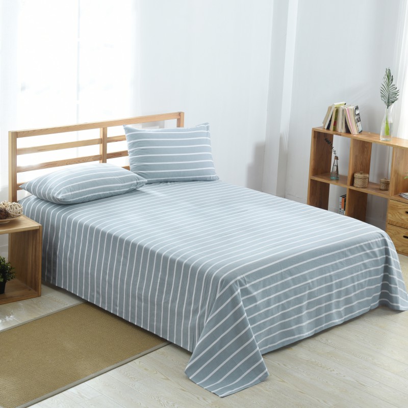 2020新款-全棉色织水洗棉条纹单床单 160cmx230cm 蓝宽条