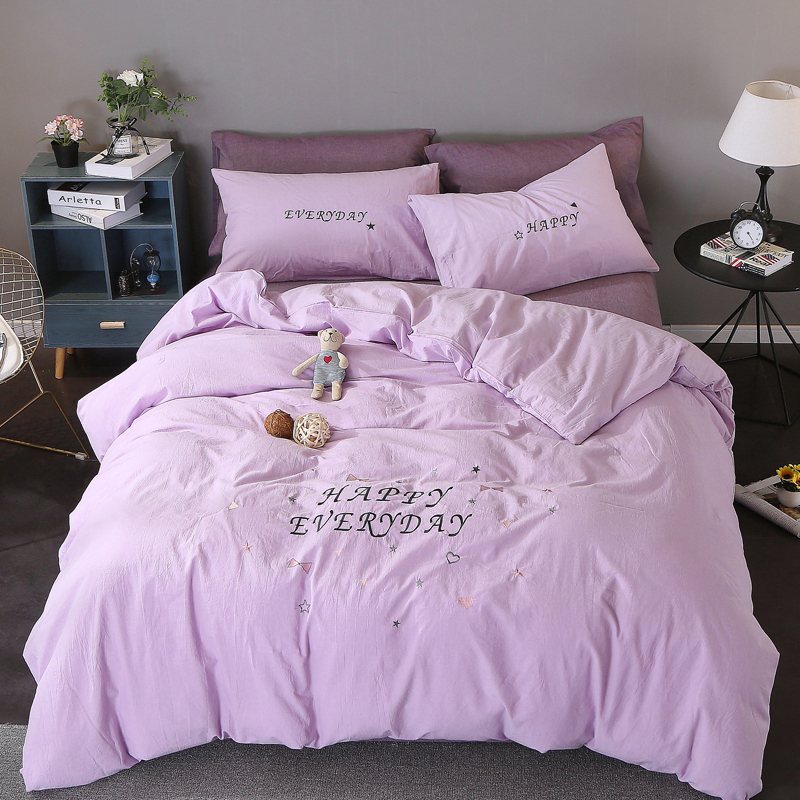 2020新款-绣花全棉色织水洗棉四件套 床单款三件套1.2m（4英尺）床 绣花happy-紫