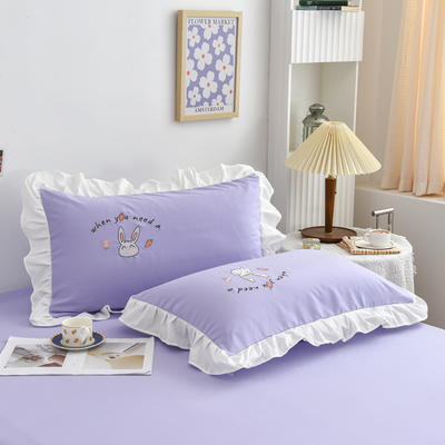 2024新款韩版花边刺绣兔子水洗磨毛枕套系列--单枕套 48x74cm/对 浪漫紫