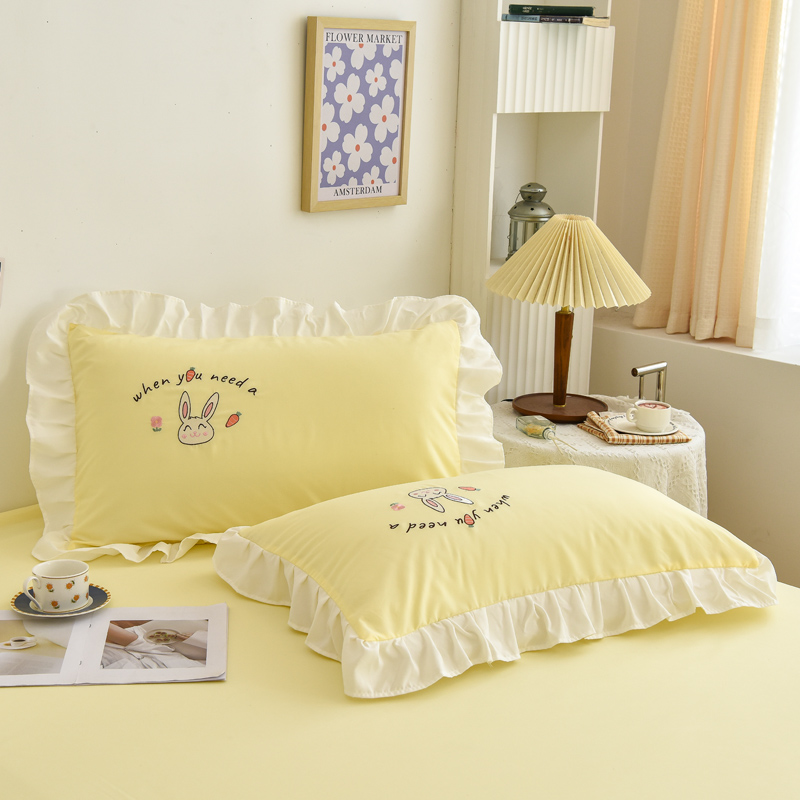 2024新款韩版花边刺绣兔子水洗磨毛枕套系列--单枕套 48x74cm/对 奶油黄