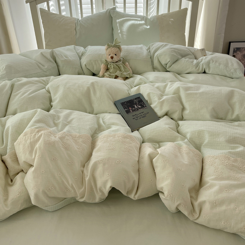 2025新款全棉水洗棉淑女花边小米格子系列四件套-伊莲娜 伊莲娜-浅绿格