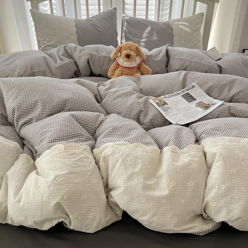 2025新款全棉水洗棉淑女花边小米格子系列四件套-伊莲娜