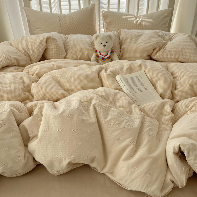 2025新款全棉水洗棉淑女花边小米格子系列四件套-伊莲娜