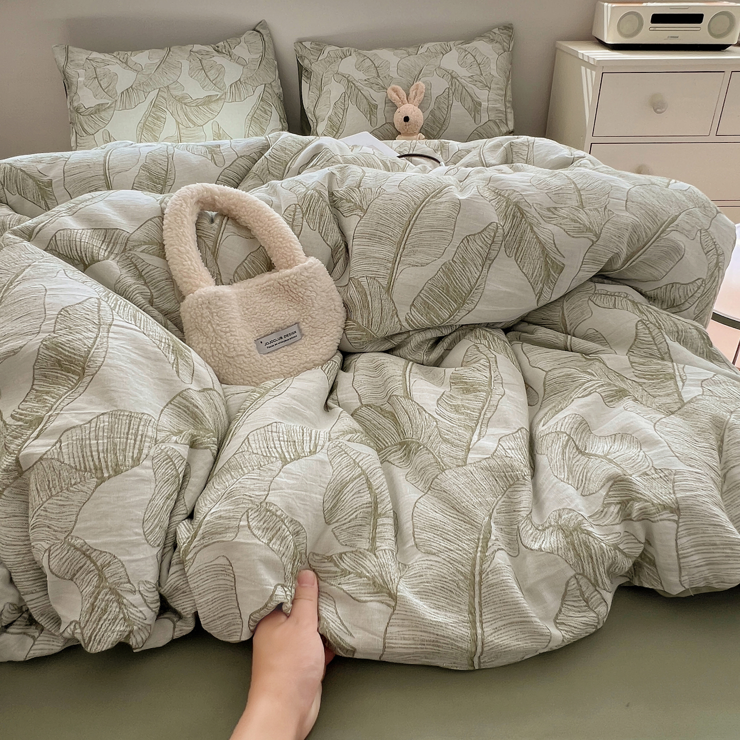 2025秋冬新款三层提花磨毛四件套 轻语绿叶-绿