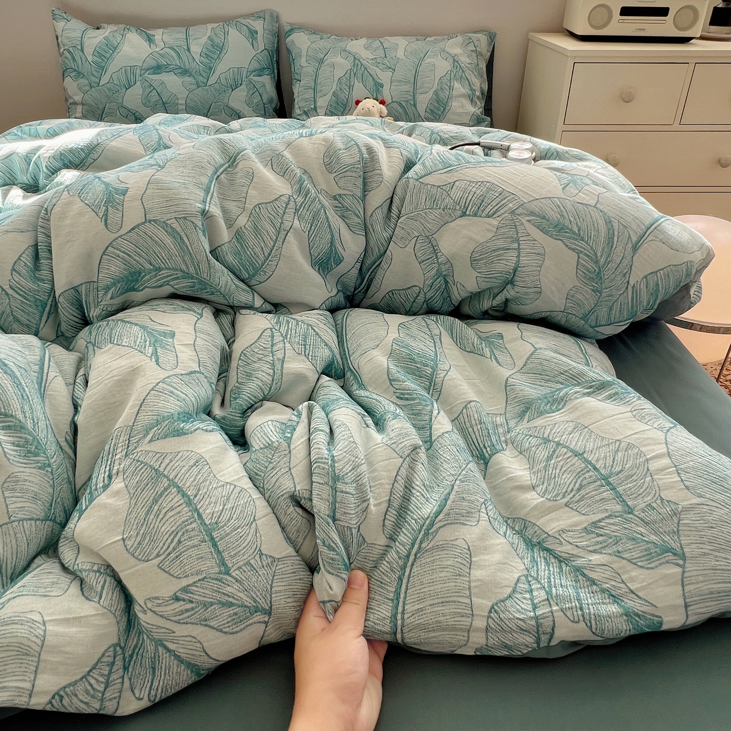 2025秋冬新款三层提花磨毛四件套 轻语绿叶-蓝