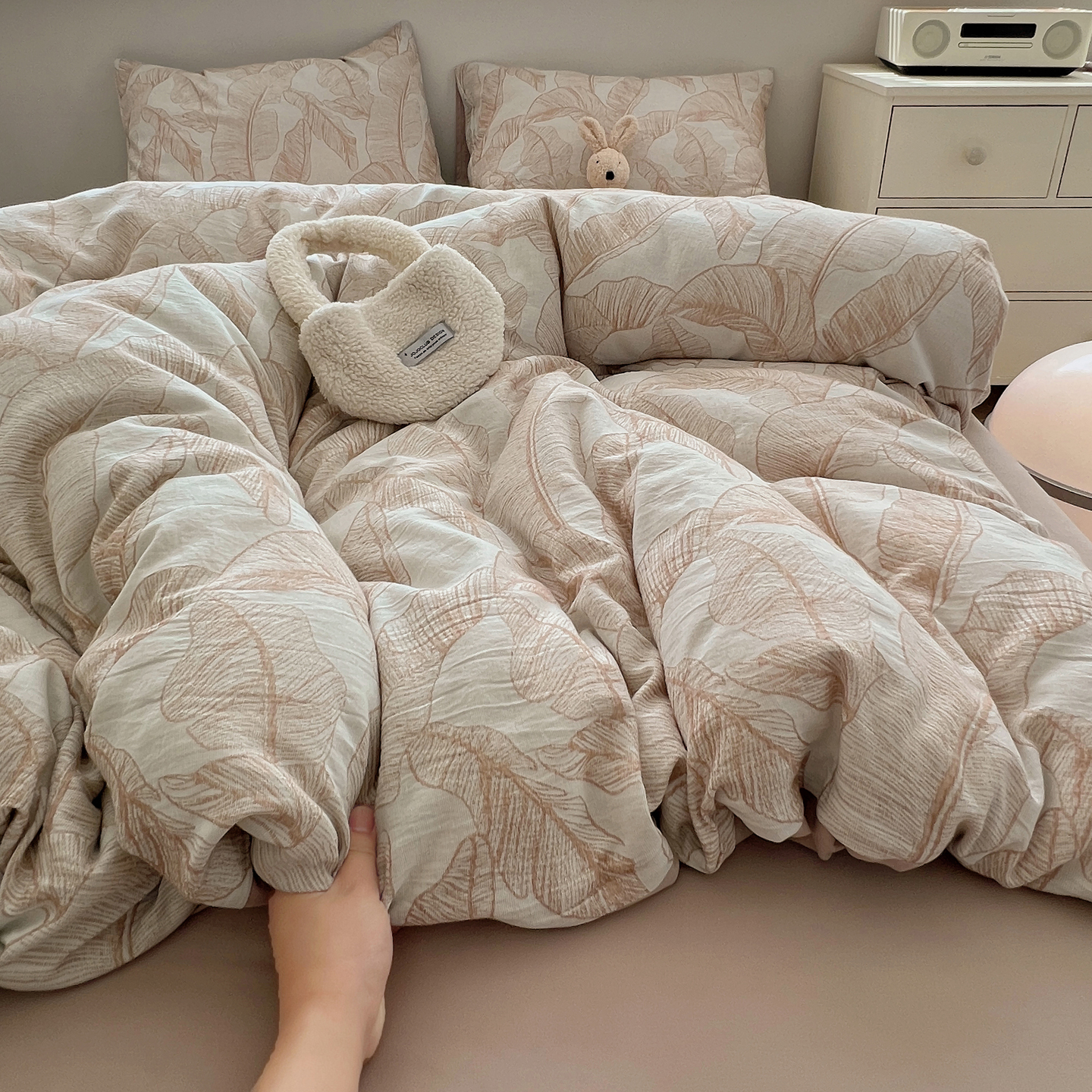 2025秋冬新款三层提花磨毛四件套 轻语绿叶-咖