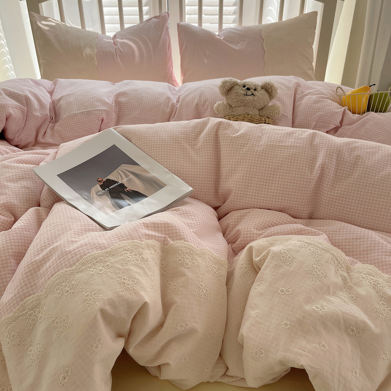 2025新款全棉水洗棉淑女花边小米格子系列四件套-伊莲娜