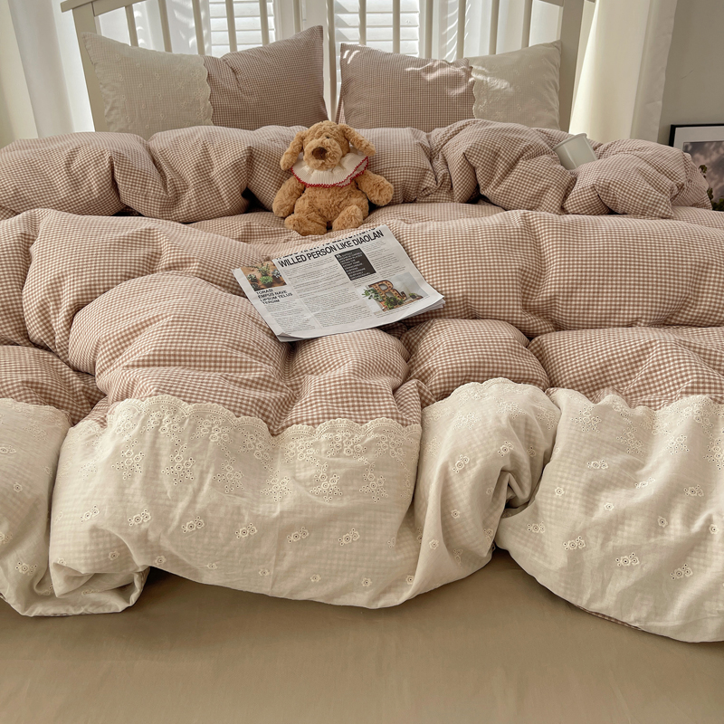 2025新款全棉水洗棉淑女花边小米格子系列四件套-伊莲娜