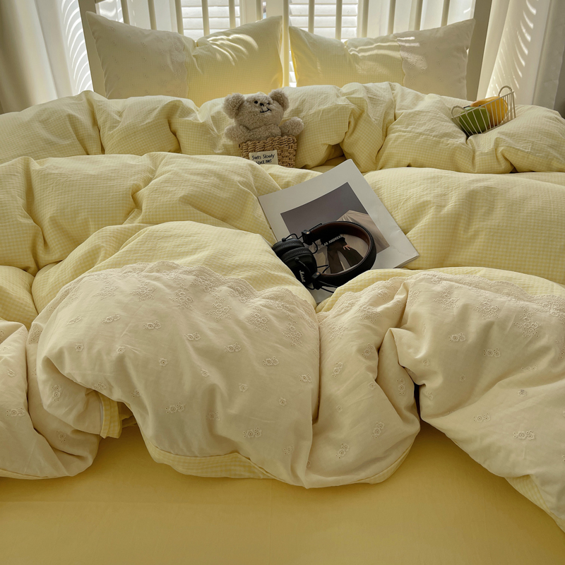 2025新款全棉水洗棉淑女花边小米格子系列四件套-伊莲娜