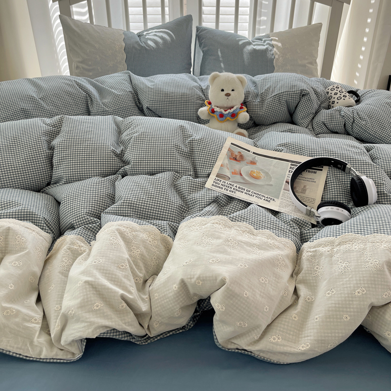 2025新款全棉水洗棉淑女花边小米格子系列四件套-伊莲娜