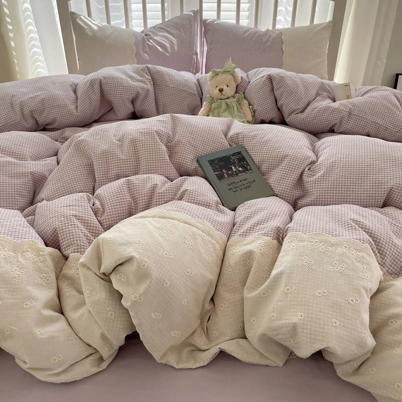 2025新款全棉水洗棉淑女花边小米格子系列四件套-伊莲娜 伊莲娜-浅紫格