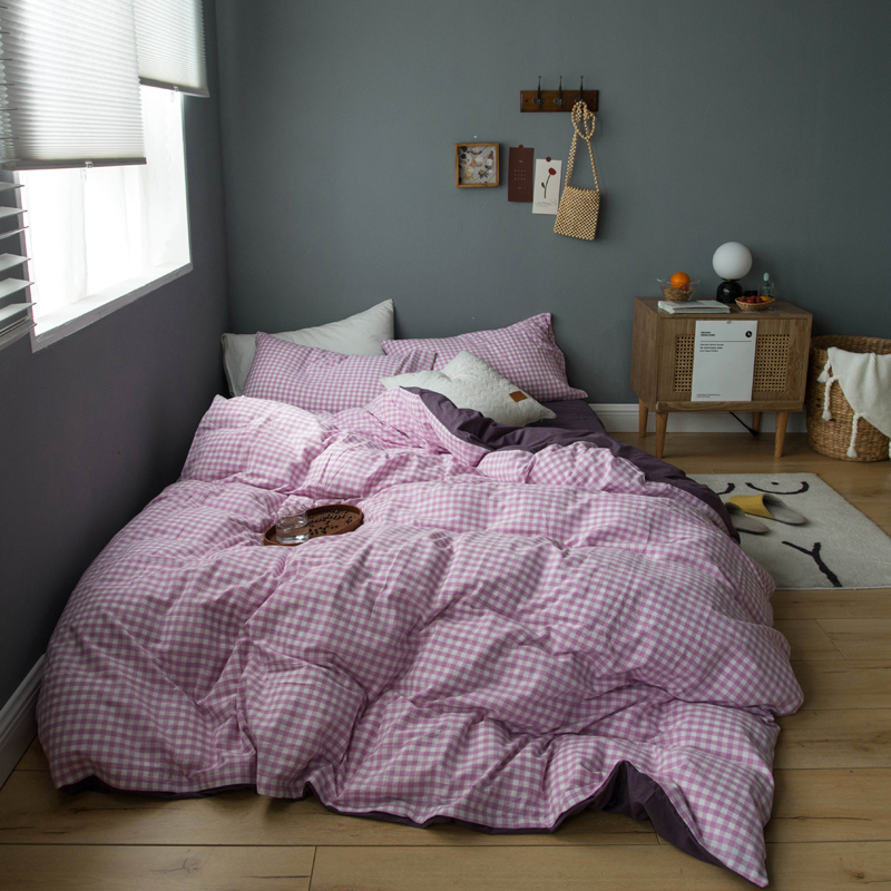 2020新款-全棉水洗棉加州格子四件套 床单款三件套1.2m（4英尺）床 蜜格-紫
