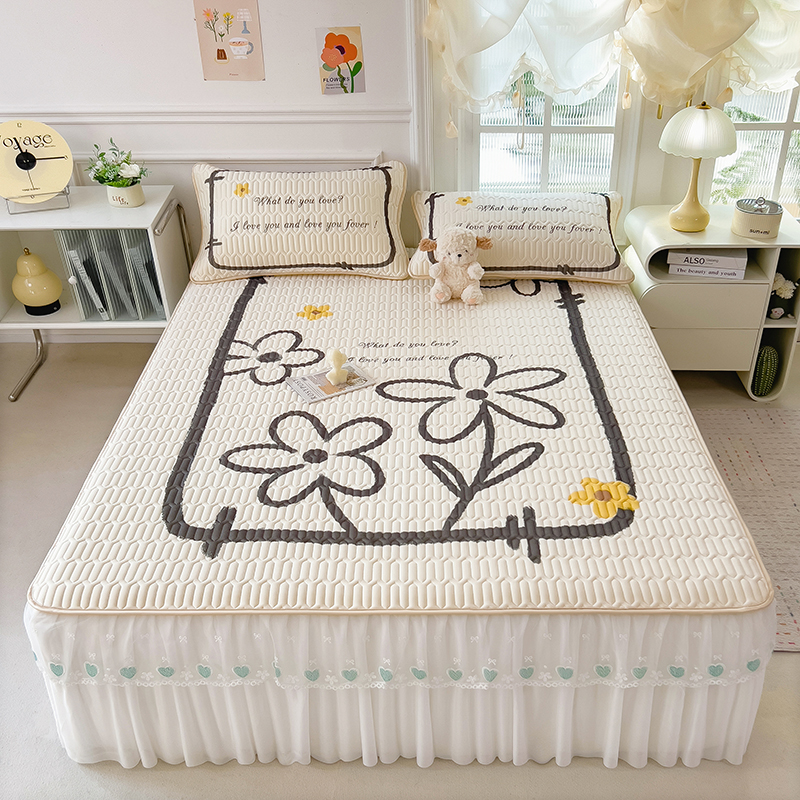 2025新款乳胶印花大版蕾丝凉席床裙款三件套