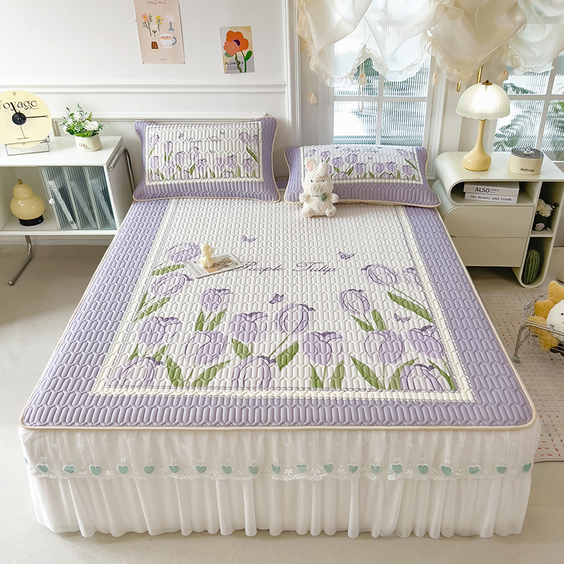 2025新款乳胶印花大版蕾丝凉席床裙款三件套