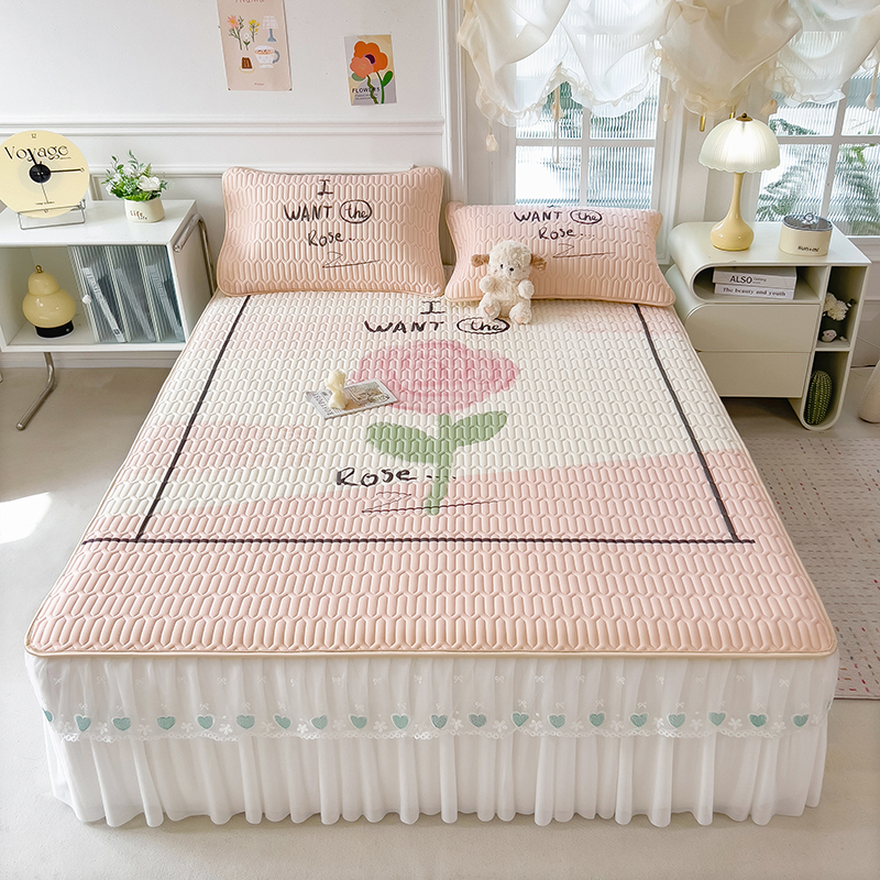 2025新款乳胶印花大版蕾丝凉席床裙款三件套