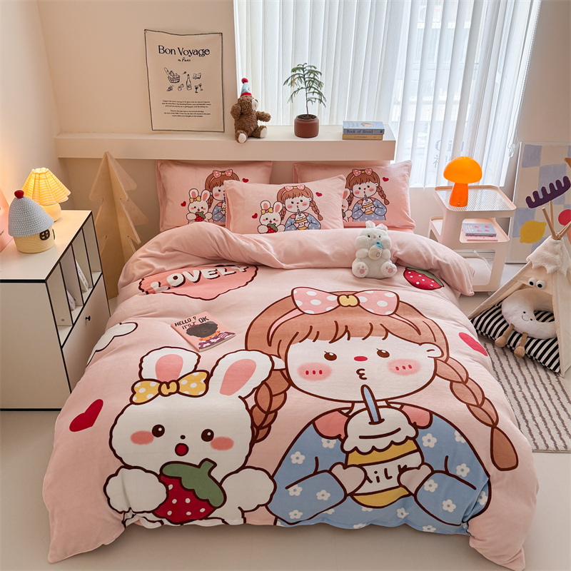 2025新款高克重牛奶绒大版印花卡通四件套 女孩与兔