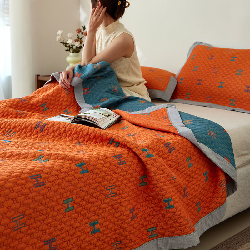 2024新款全棉色织三层纱多功能盖毯空调被薄毯床盖 150*200cm单盖毯 爱玛橙