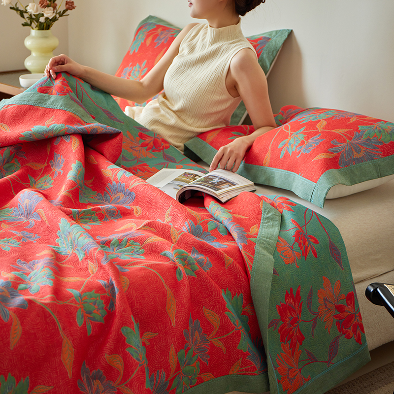 2024新款全棉色织三层纱多功能盖毯空调被薄毯床盖 150*200cm单盖毯 满庭香