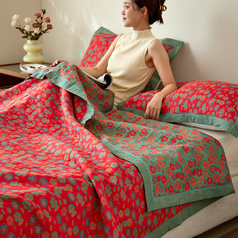 2024新款全棉色织三层纱多功能盖毯空调被薄毯床盖 150*200cm单盖毯 莫奈花园-红