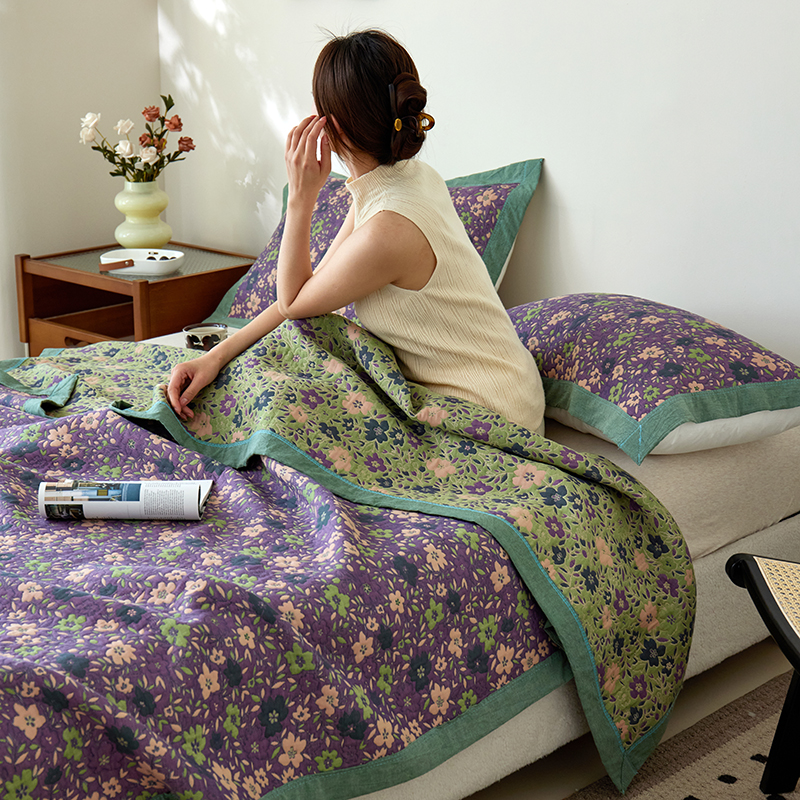 2024新款全棉色织三层纱多功能盖毯空调被薄毯床盖 150*200cm单盖毯 莫奈花园-紫绿