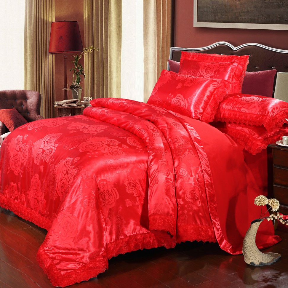 天丝莫代尔提花四件套 1.8m（6英尺）床 花尚溢彩-大红