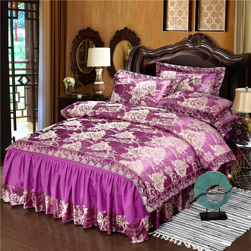 2019新款-床裙款蕾丝提花四件套 床裙款1.8m（6英尺）床 花都绽放-紫色