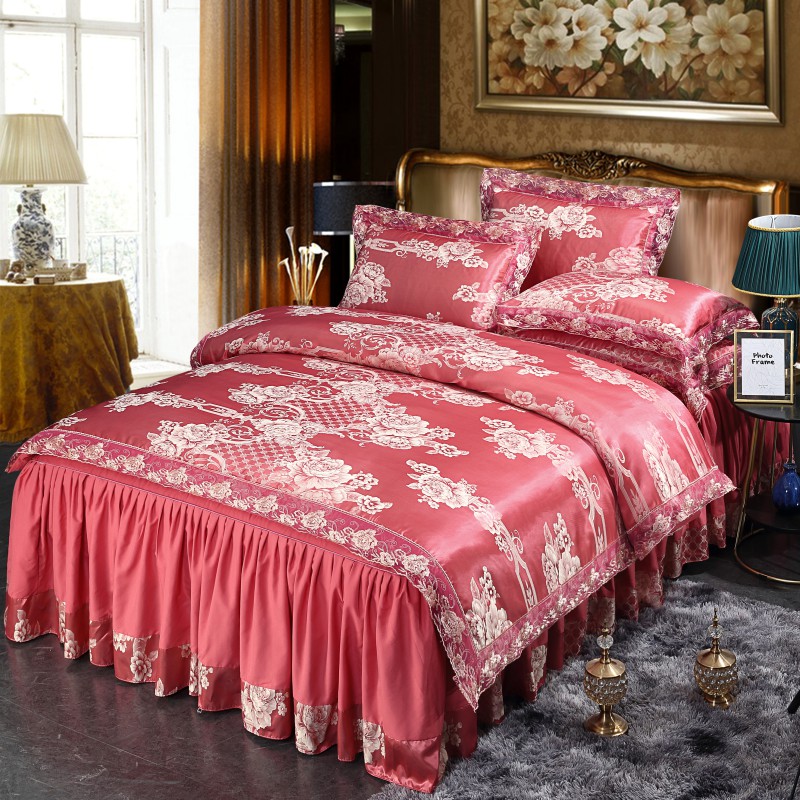 2019新款-床裙款蕾丝提花四件套 床裙款1.8m（6英尺）床 甜蜜假期-伽罗红