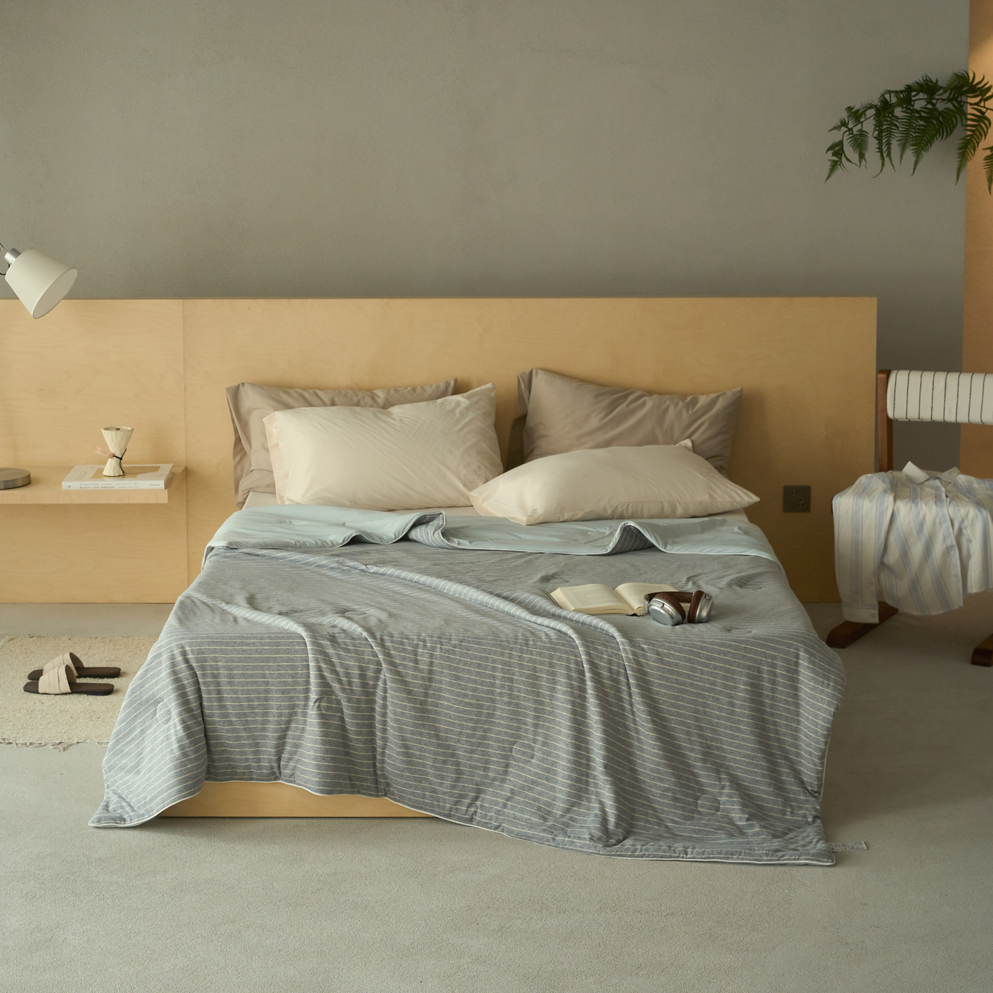 2026新款全棉针织拼锦氨凉感夏被系列 纯棉拼凉感 麻灰细条