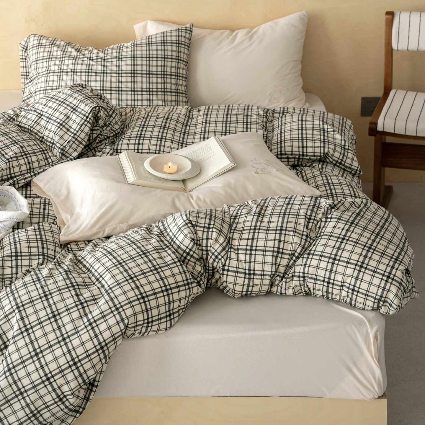 2026新款全棉天竺棉针织格子印花四件套 深灰格配米白