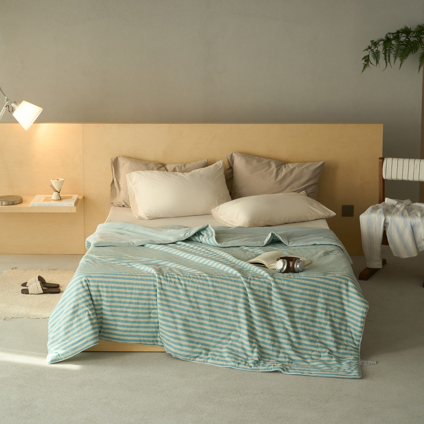 2026新款全棉针织拼锦氨凉感夏被系列 纯棉拼凉感 水蓝